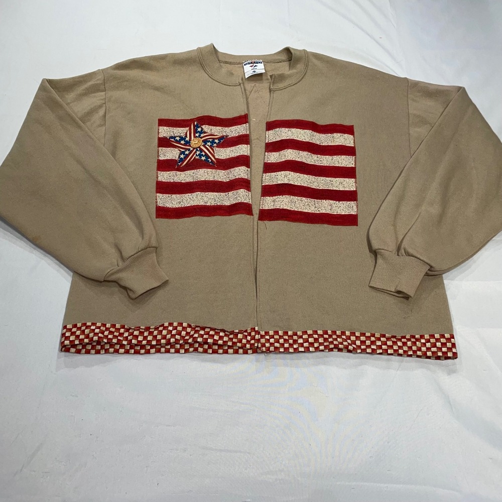 Vintage Jerzees Americana Flag Cardigan Sweatshirt Tan Large USA Made Patchwork